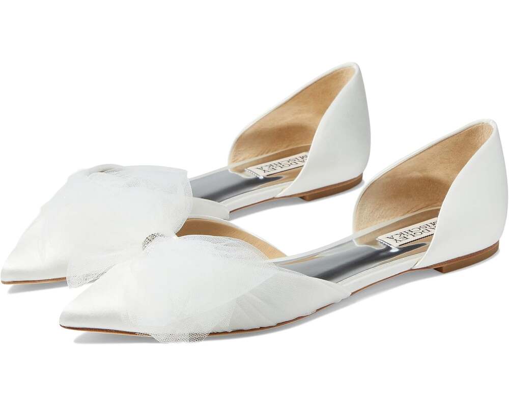 Badgley Mischka Womens Fergie Flats Size 8.5 White Satin Bow Crystal NWOB